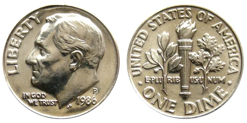 1986-P Roosevelt dime obverse and reverse showing the P mint mark above the date