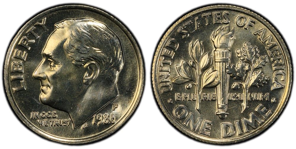 Side-by-side comparison of a standard 1986 dime torch bands versus Full Bands (FB) example showing complete band separation