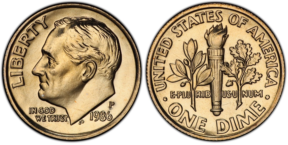 Close-up of 1986 Roosevelt dime torch reverse showing Full Bands designation with all horizontal bands clearly separated