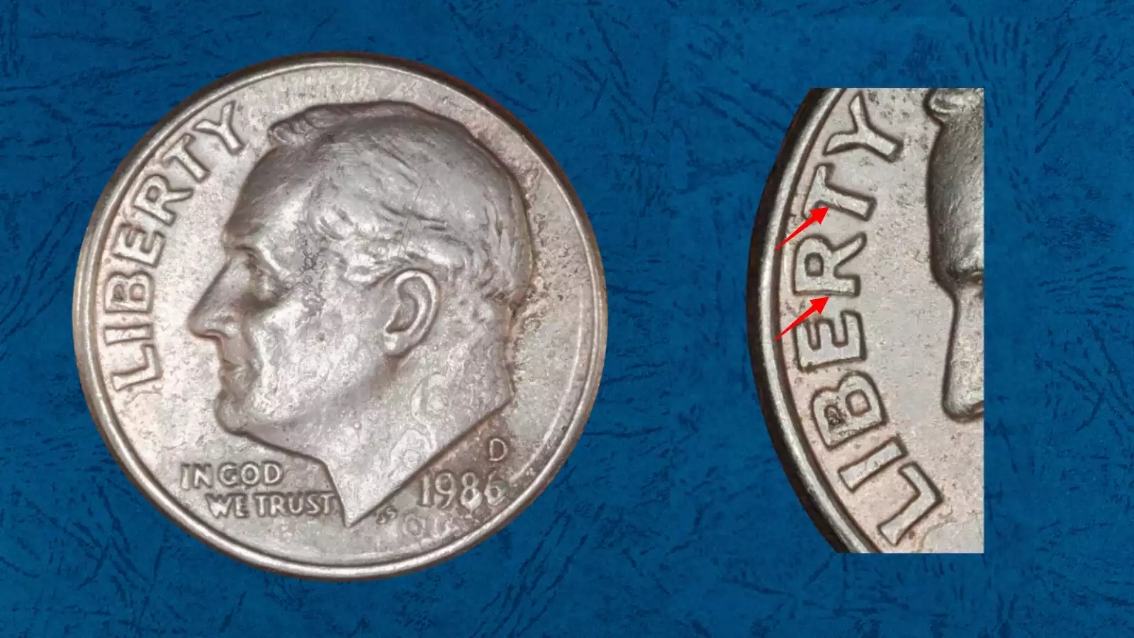 1986 Roosevelt dime obverse showing Doubled Die Obverse error with visible doubling on LIBERTY inscription under magnification