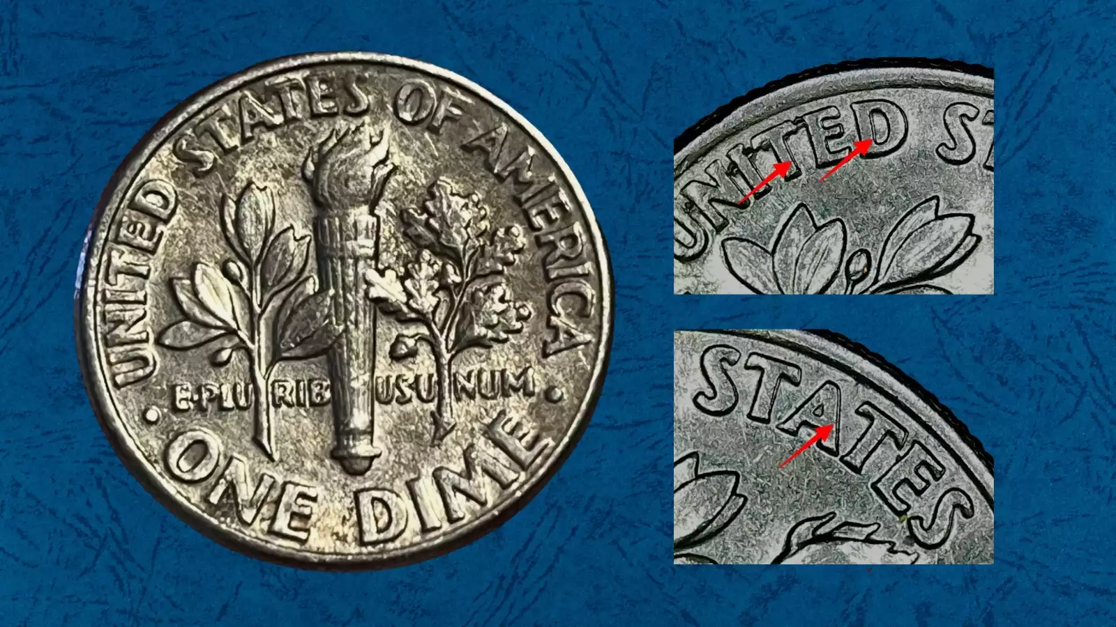 1986 Roosevelt dime reverse showing Doubled Die Reverse error with doubling visible on ONE DIME legend under magnification