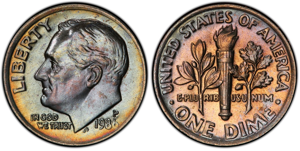 Grading strip showing four 1986 Roosevelt dimes representing Worn, Circulated, About Uncirculated, and Gem Uncirculated conditions